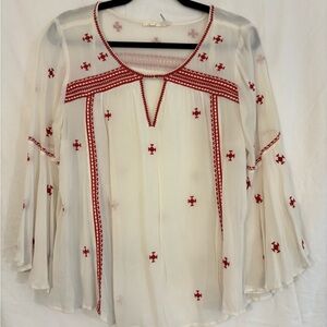 Floreat White and Red Embroidered Blouse